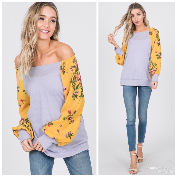 LAST 1! Floral Contrast Lavender On/Off Shoulder Top! - Picture 2 of 5
